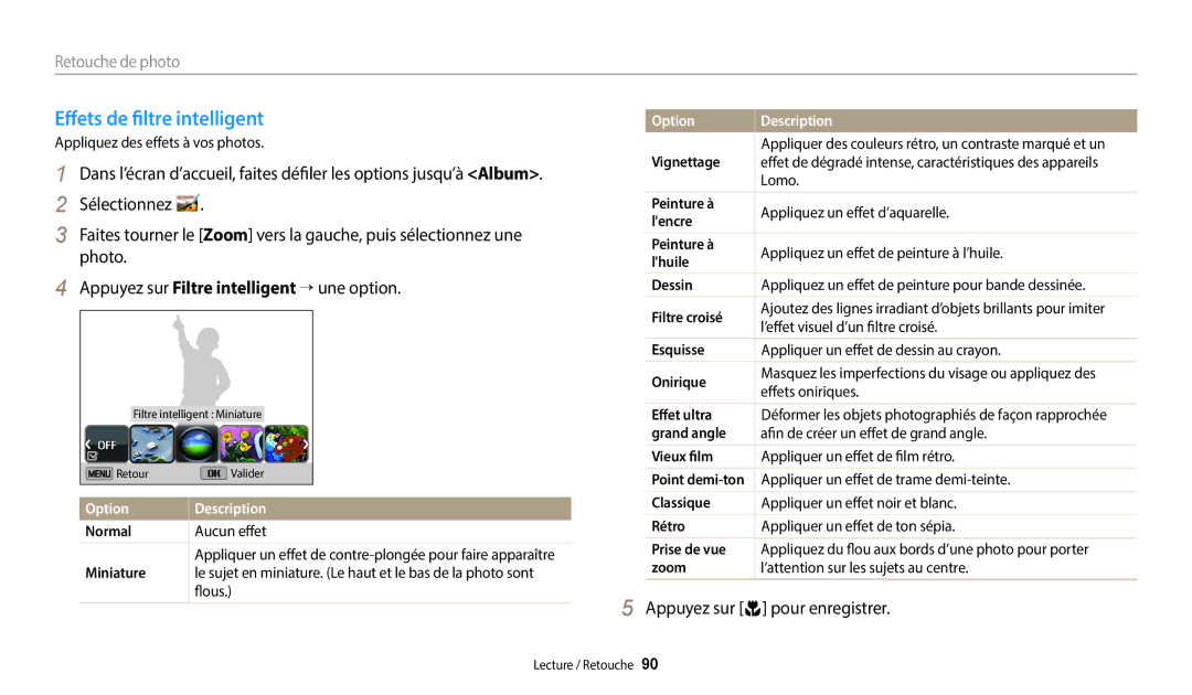 Samsung EC-DV180FBPBFR, EC-DV180FBPWFR manual Effets de filtre intelligent 
