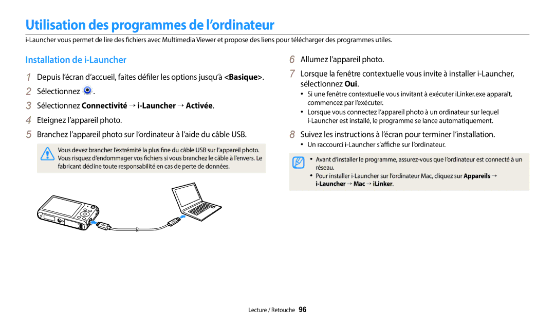 Samsung EC-DV180FBPBFR, EC-DV180FBPWFR manual Utilisation des programmes de l’ordinateur, Installation de i-Launcher 