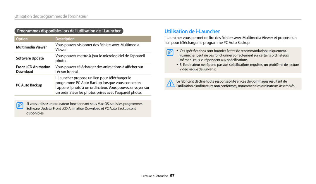 Samsung EC-DV180FBPWFR manual Utilisation de i-Launcher, Programmes disponibles lors de l’utilisation de i-Launcher 