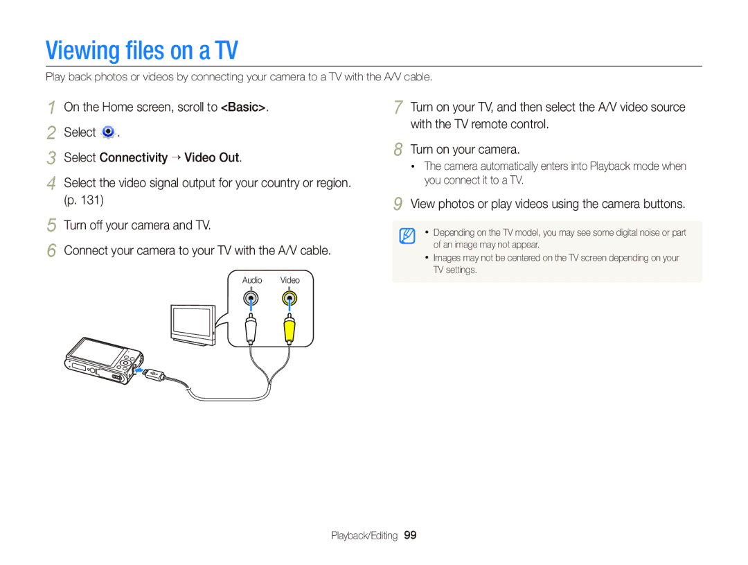 Samsung EC-DV300FBPBUS user manual Viewing ﬁles on a TV, View photos or play videos using the camera buttons 