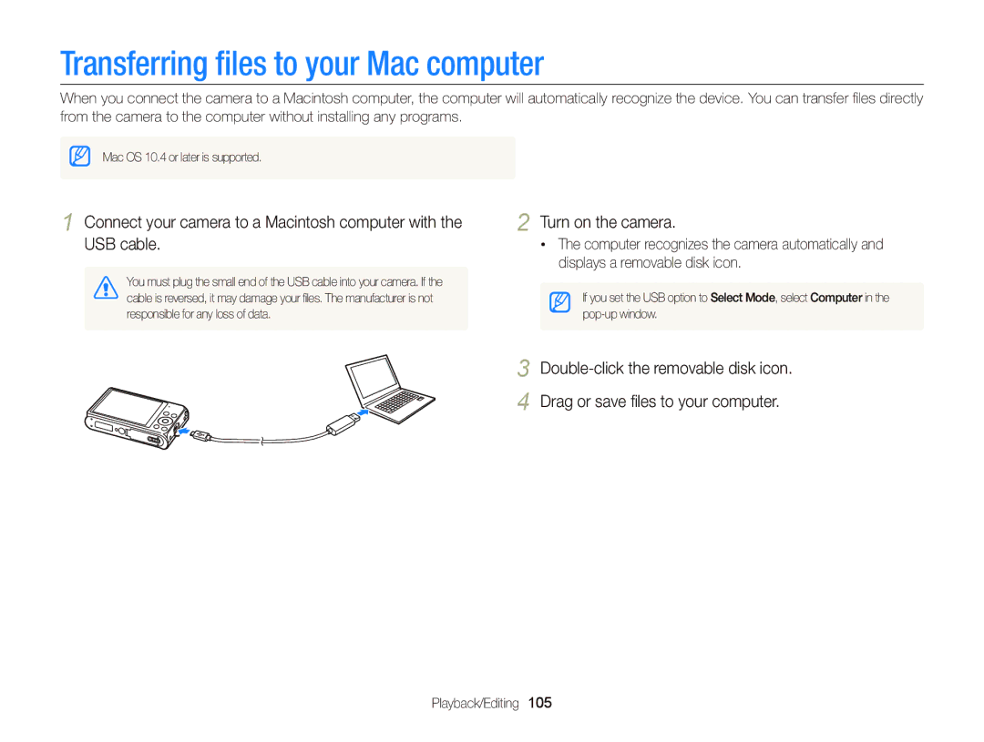 Samsung EC-DV300FBPBUS user manual Transferring ﬁles to your Mac computer 