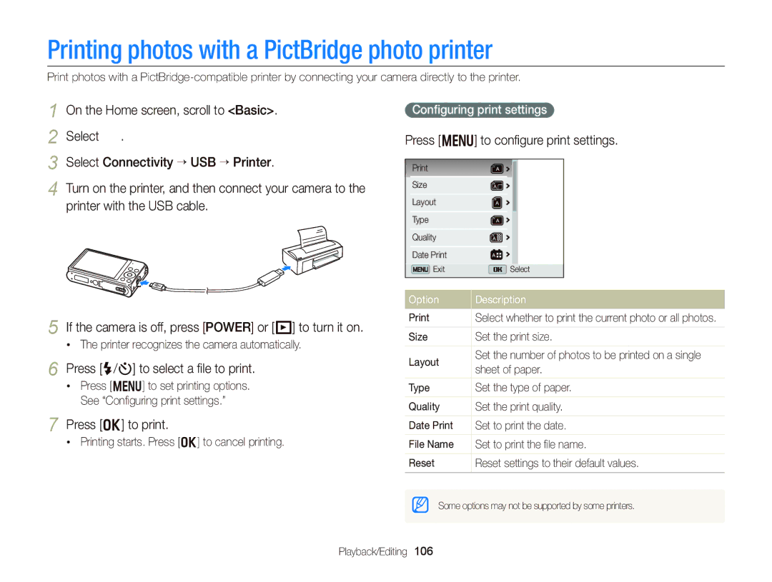 Samsung EC-DV300FBPBUS user manual Printing photos with a PictBridge photo printer, Press F/t to select a ﬁle to print 