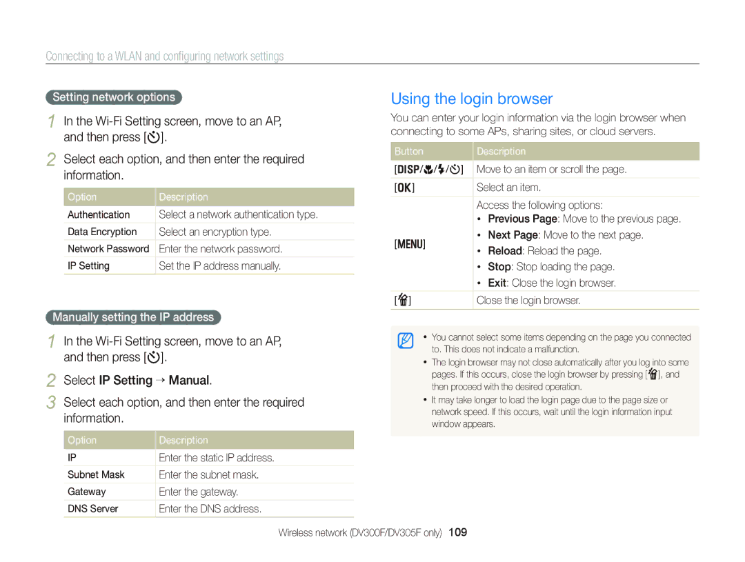 Samsung EC-DV300FBPBUS user manual Using the login browser, Connecting to a Wlan and conﬁguring network settings 