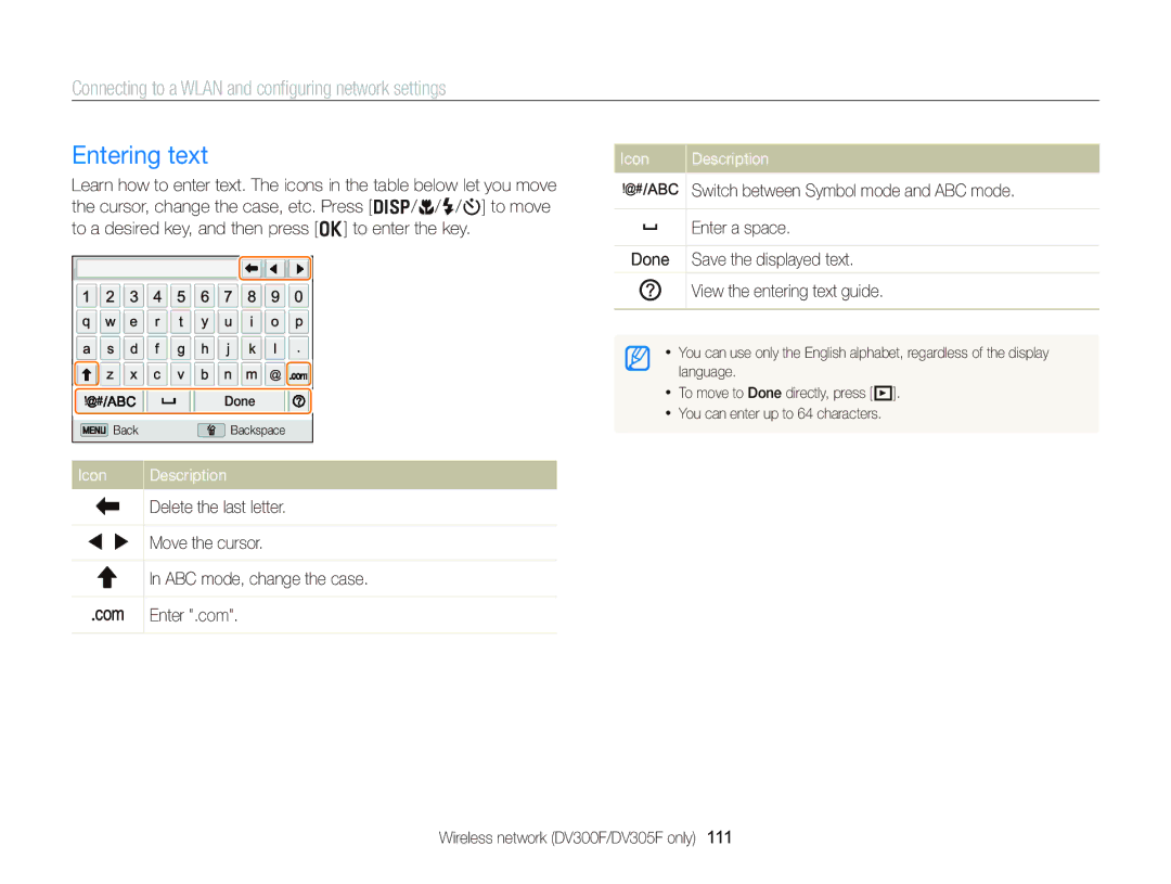 Samsung EC-DV300FBPBUS user manual Entering text, Switch between Symbol mode and ABC mode, Enter a space 