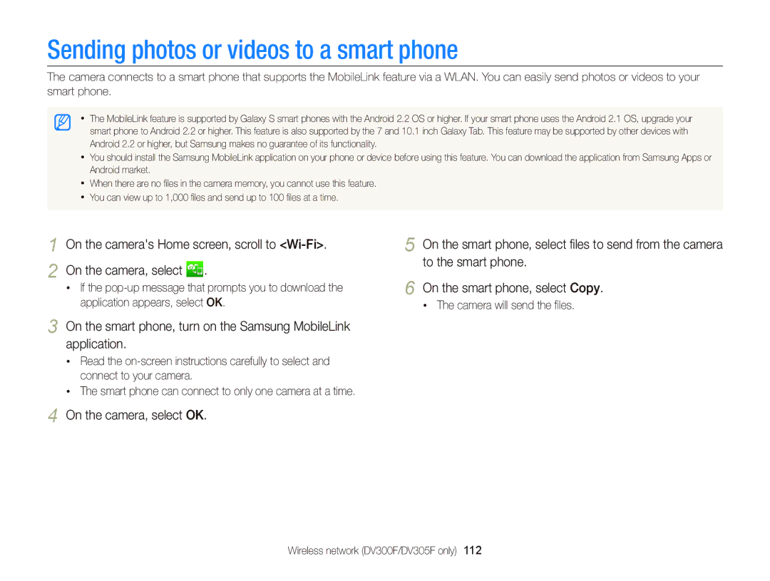 Samsung EC-DV300FBPBUS user manual Sending photos or videos to a smart phone, Camera will send the ﬁles 