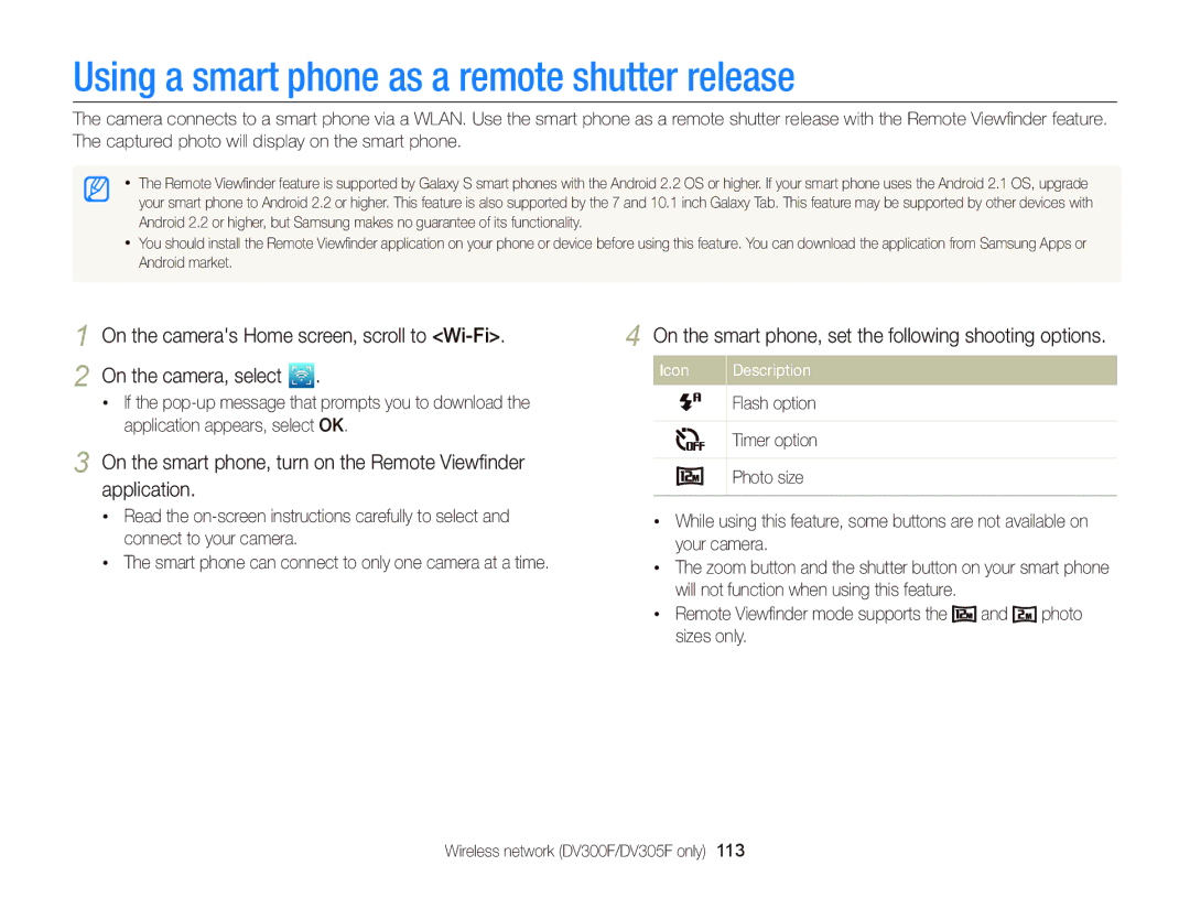 Samsung EC-DV300FBPBUS user manual Using a smart phone as a remote shutter release 