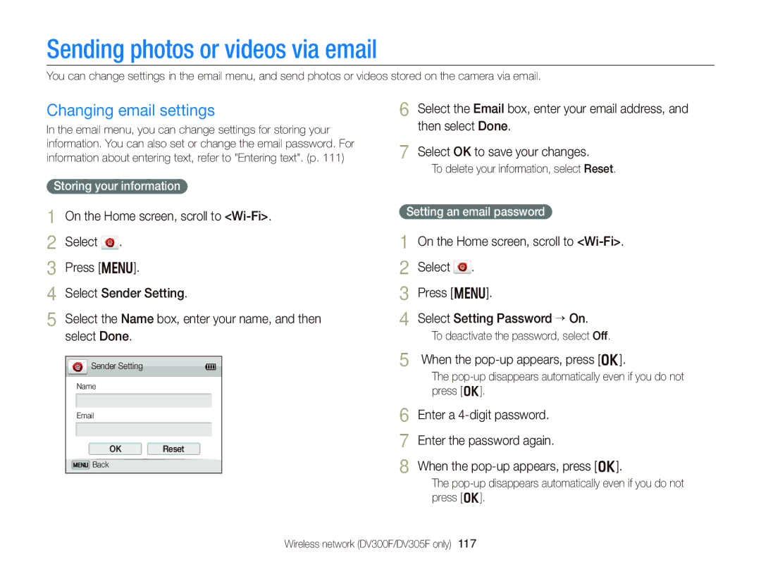 Samsung EC-DV300FBPB Sending photos or videos via email, Changing email settings, When the pop-up appears, press o 