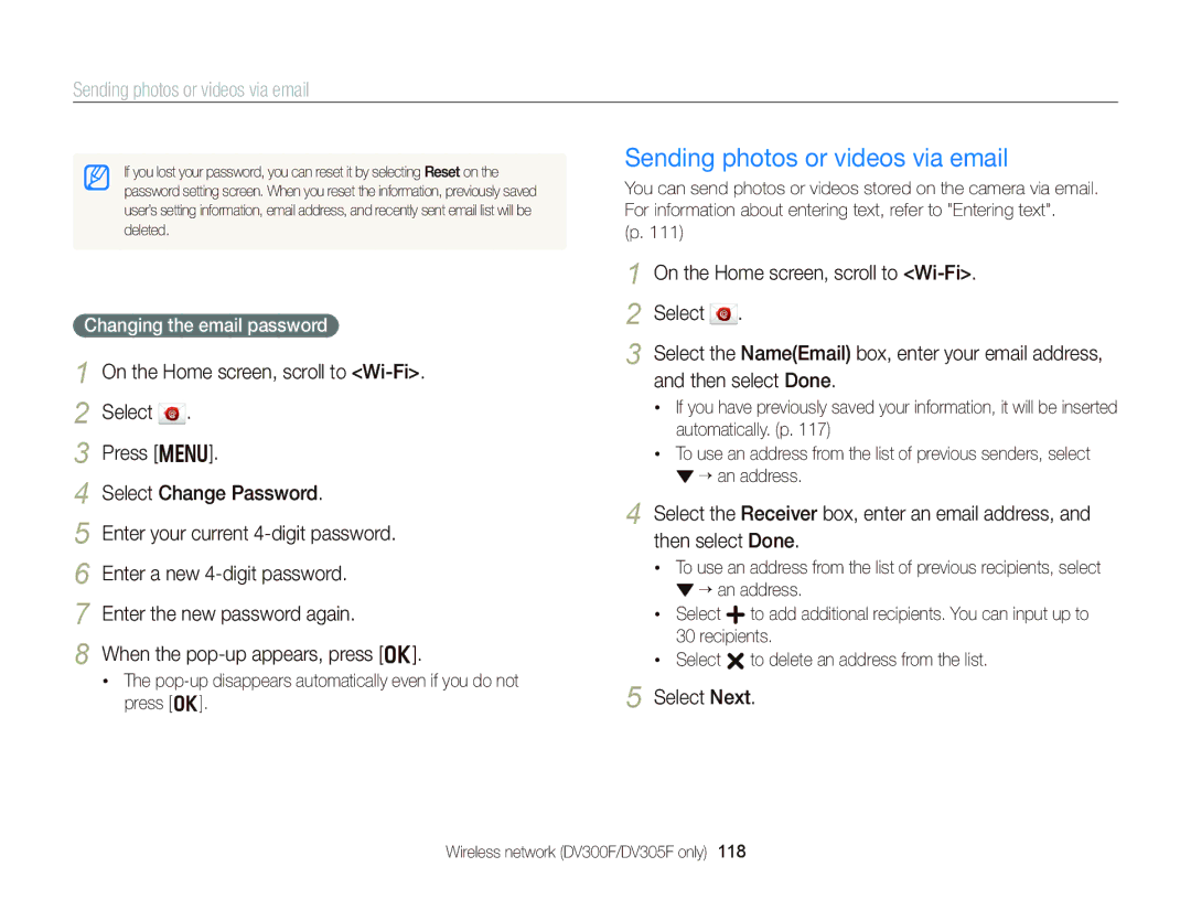 Samsung EC-DV300FBPBUS Sending photos or videos via email, Select Next, Changing the email password, “ an address 