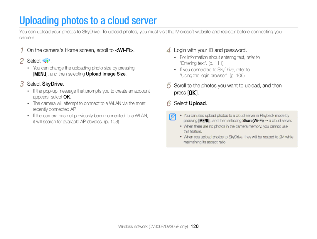 Samsung EC-DV300FBPBUS user manual Uploading photos to a cloud server, On the cameras Home screen, scroll to Wi-Fi Select 