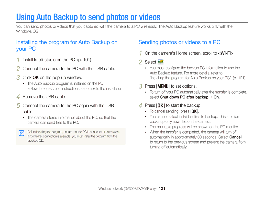 Samsung EC-DV300FBPB Using Auto Backup to send photos or videos, Installing the program for Auto Backup on your PC 