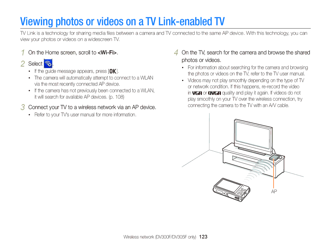 Samsung EC-DV300FBPB Viewing photos or videos on a TV Link-enabled TV, On the Home screen, scroll to Wi-Fi Select 