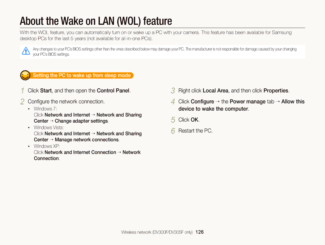 Samsung EC-DV300FBPBUS user manual About the Wake on LAN WOL feature, Setting the PC to wake up from sleep mode 