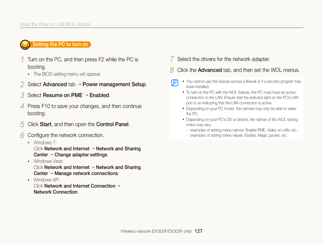 Samsung EC-DV300FBPB About the Wake on LAN WOL feature, Turn on the PC, and then press F2 while the PC is booting 
