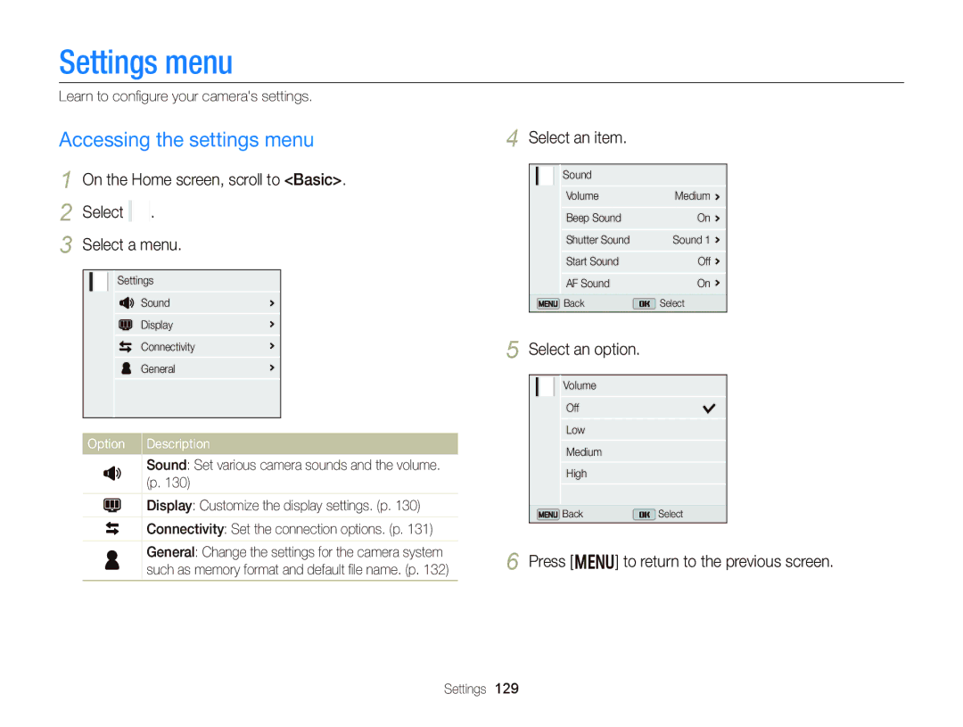 Samsung EC-DV300FBPB Settings menu, Accessing the settings menu, On the Home screen, scroll to Basic Select Select a menu 