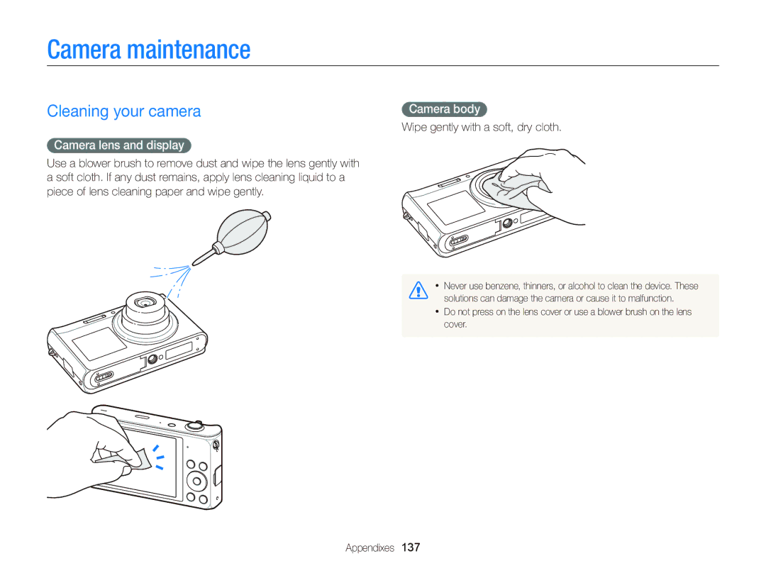 Samsung EC-DV300FBPBUS user manual Camera maintenance, Cleaning your camera, Camera lens and display, Camera body 