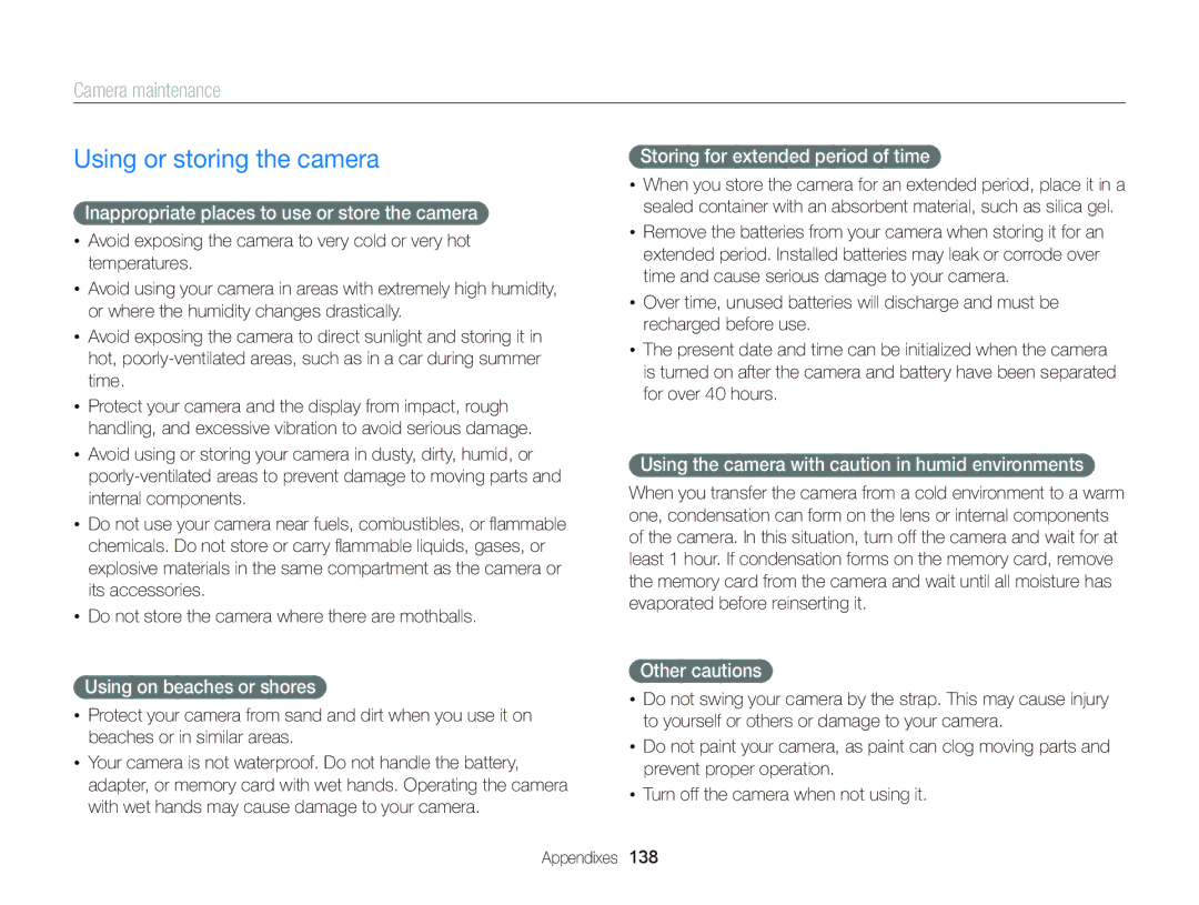 Samsung EC-DV300FBPBUS user manual Using or storing the camera, Camera maintenance 