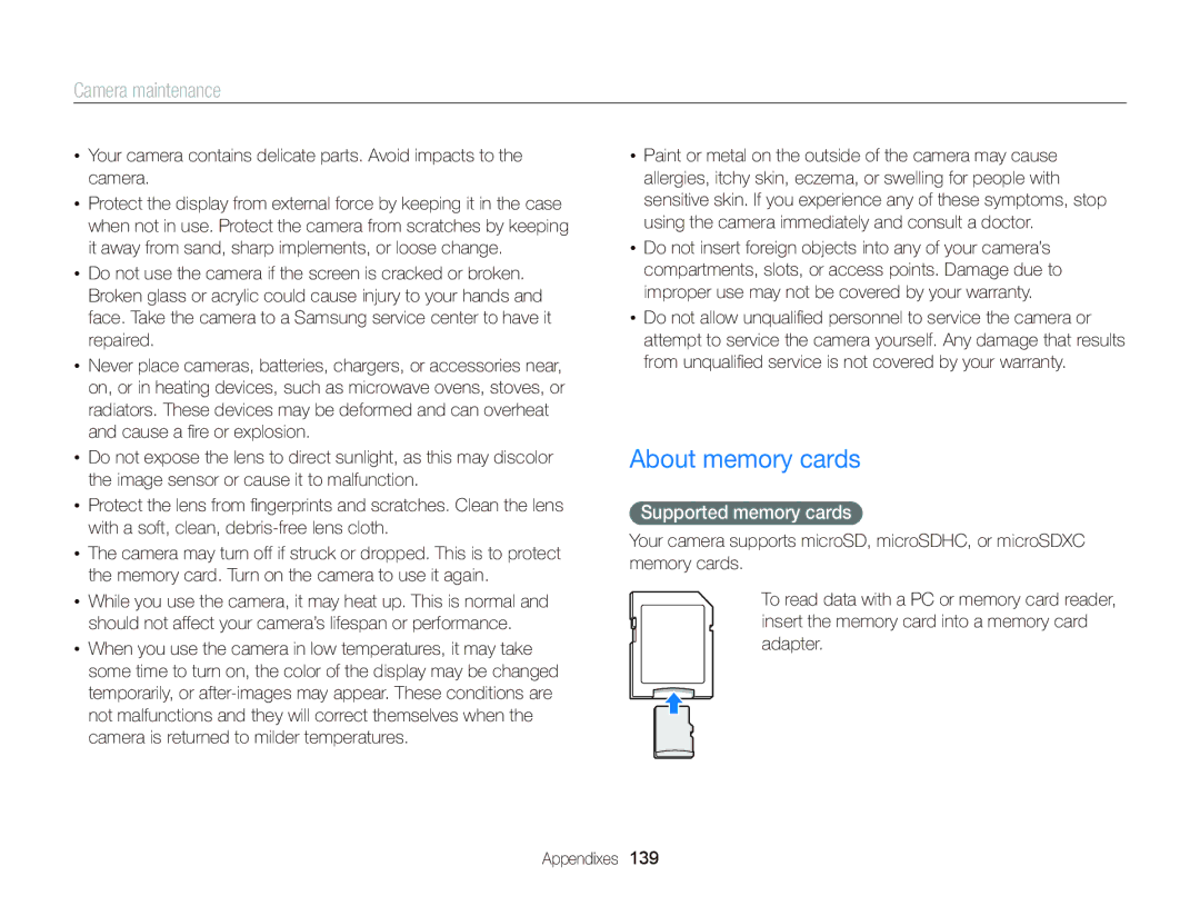 Samsung EC-DV300FBPBUS user manual About memory cards, Supported memory cards 