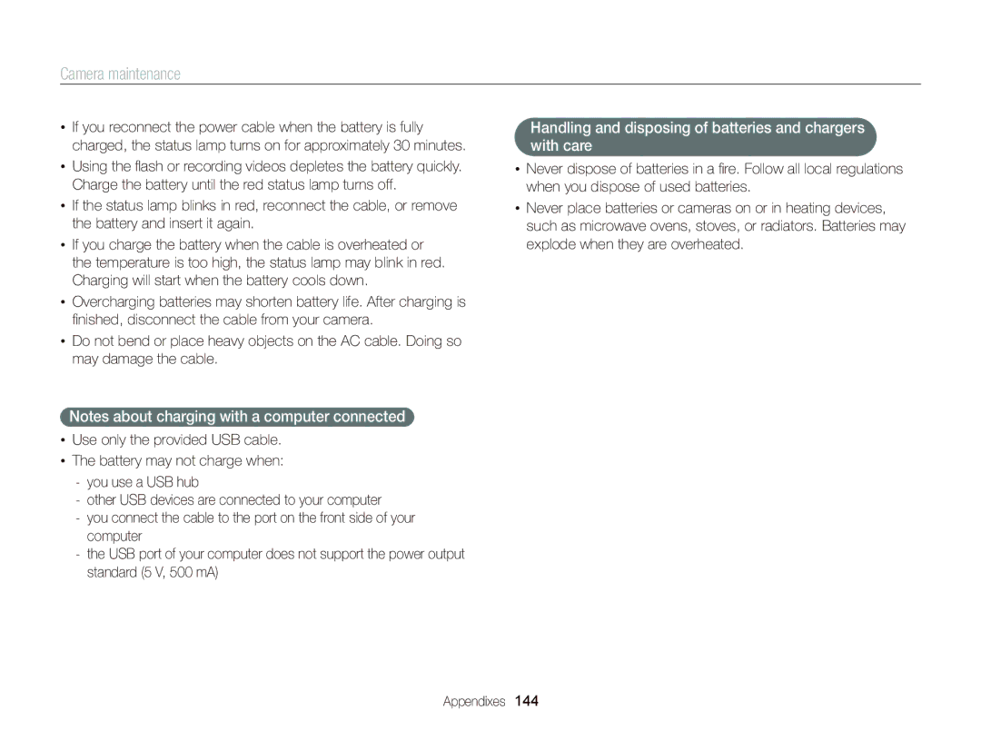 Samsung EC-DV300FBPBUS user manual Handling and disposing of batteries and chargers with care 