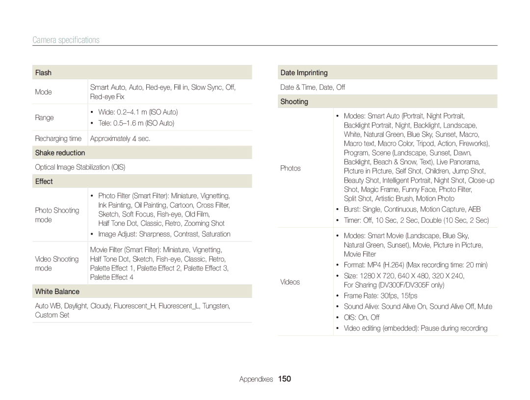 Samsung EC-DV300FBPBUS user manual Camera speciﬁcations 