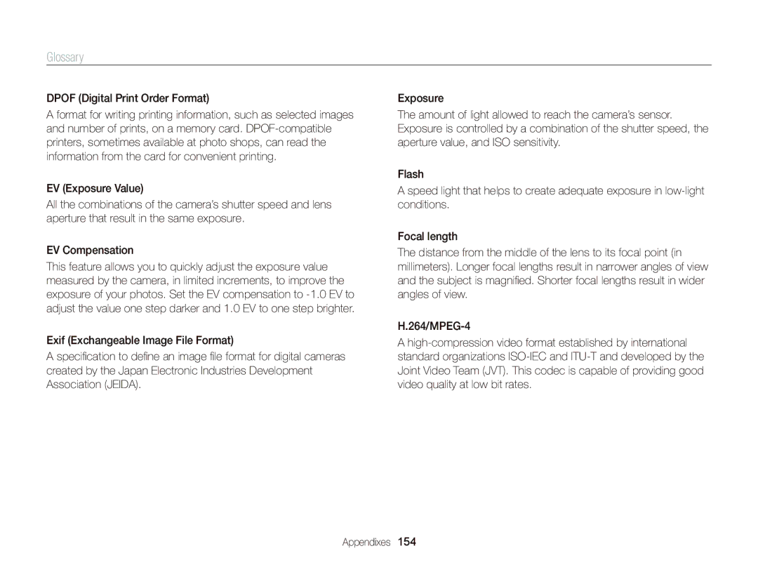 Samsung EC-DV300FBPBUS user manual Glossary, Dpof Digital Print Order Format 