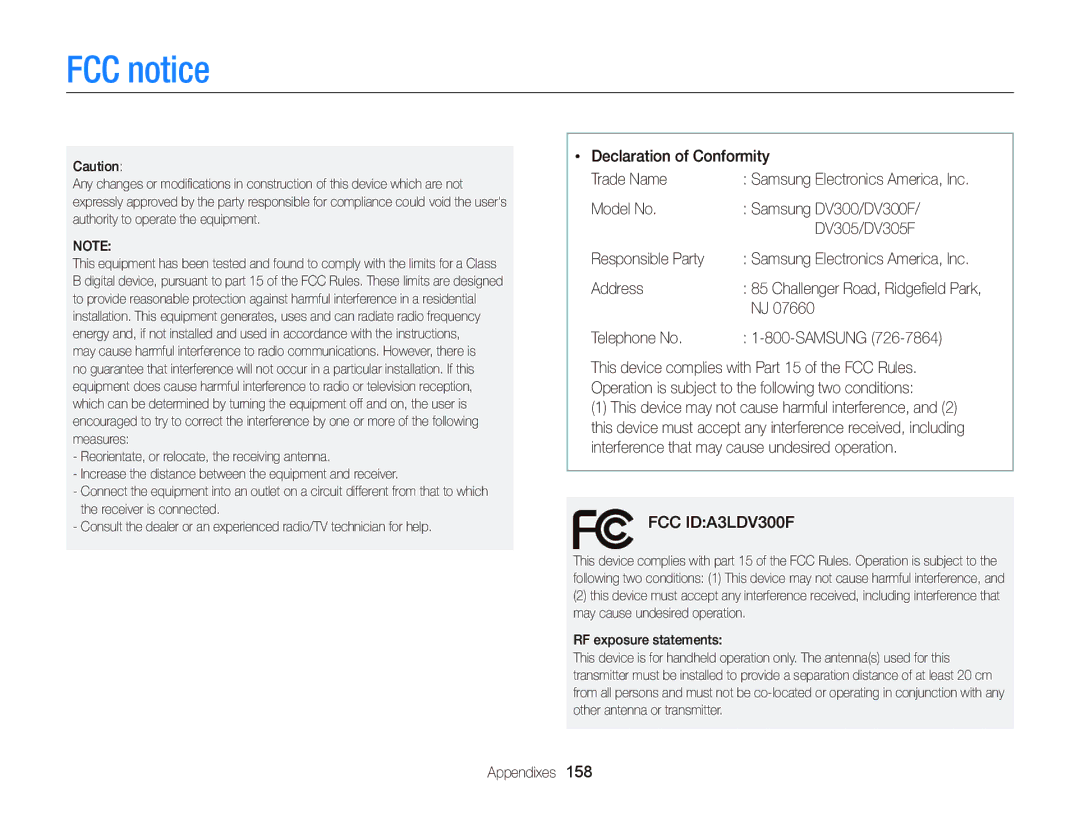 Samsung EC-DV300FBPBUS user manual FCC notice, Declaration of Conformity Trade Name, Address, Telephone No Samsung 