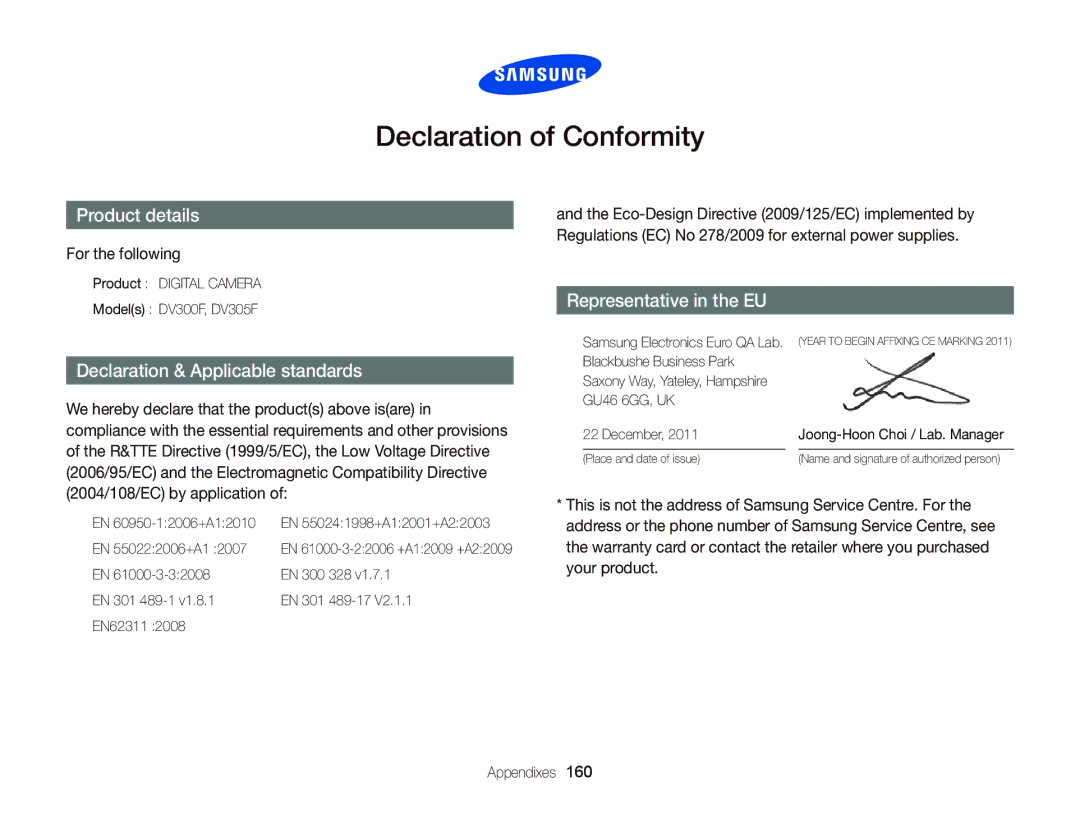 Samsung EC-DV300FBPBUS user manual Declaration of Conformity, For the following 