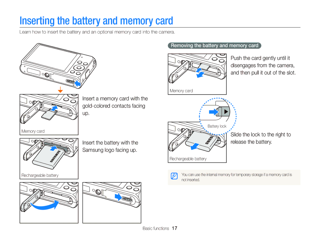 Samsung EC-DV300FBPB user manual Inserting the battery and memory card, Slide the lock to the right to release the battery 