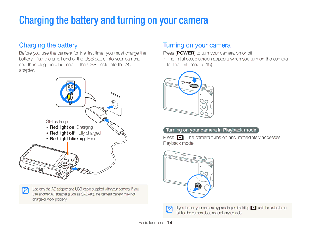 Samsung EC-DV300FBPBUS user manual Charging the battery and turning on your camera, Turning on your camera 