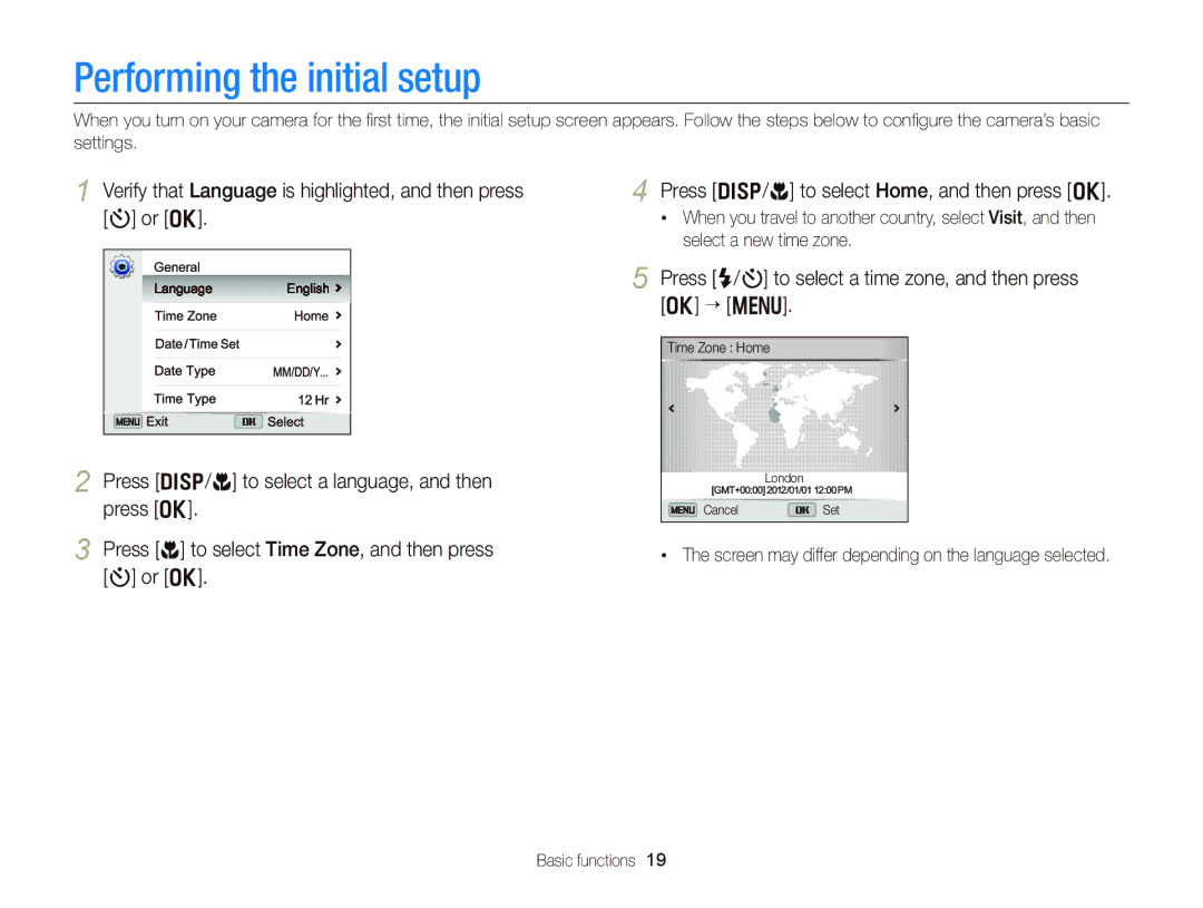 Samsung EC-DV300FBPBUS user manual Performing the initial setup 