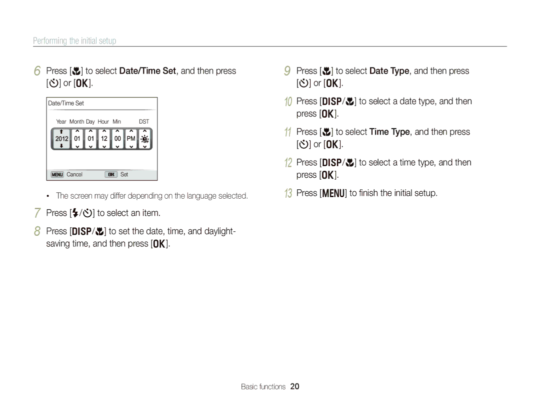 Samsung EC-DV300FBPBUS user manual Performing the initial setup, Press c to select Date/Time Set, and then press t or o 