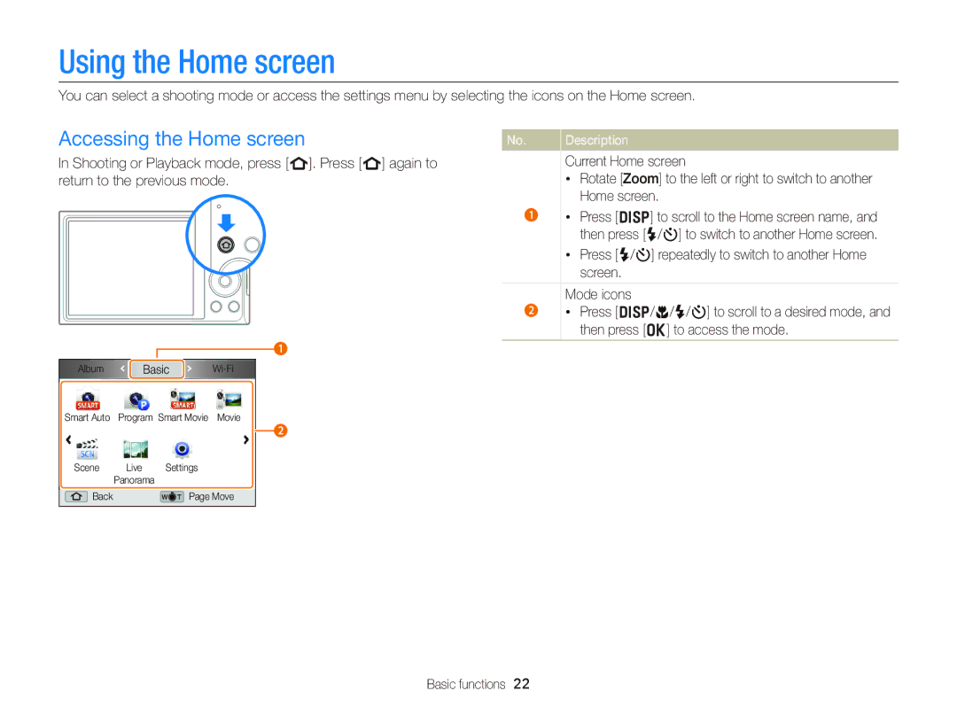 Samsung EC-DV300FBPBUS user manual Using the Home screen, Accessing the Home screen 