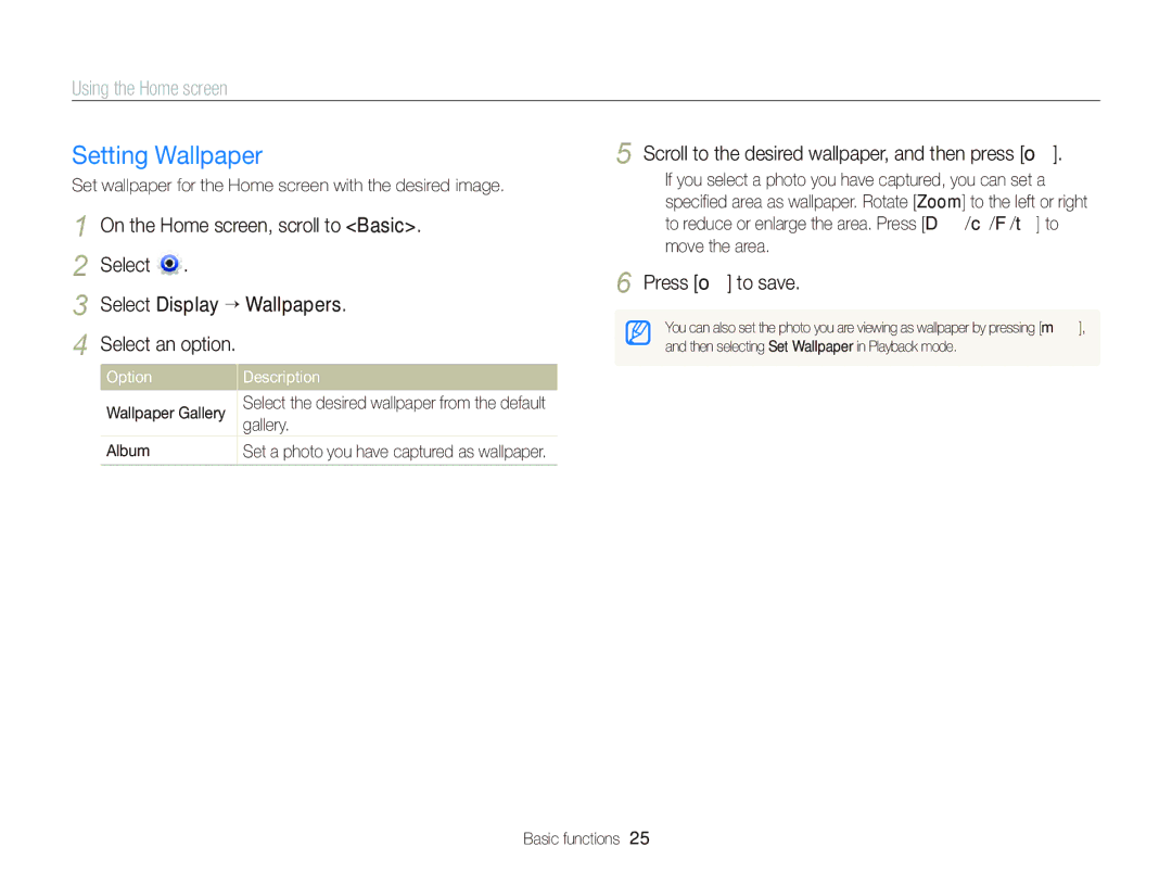 Samsung EC-DV300FBPB user manual Setting Wallpaper, On the Home screen, scroll to Basic, Select Select Display “ Wallpapers 