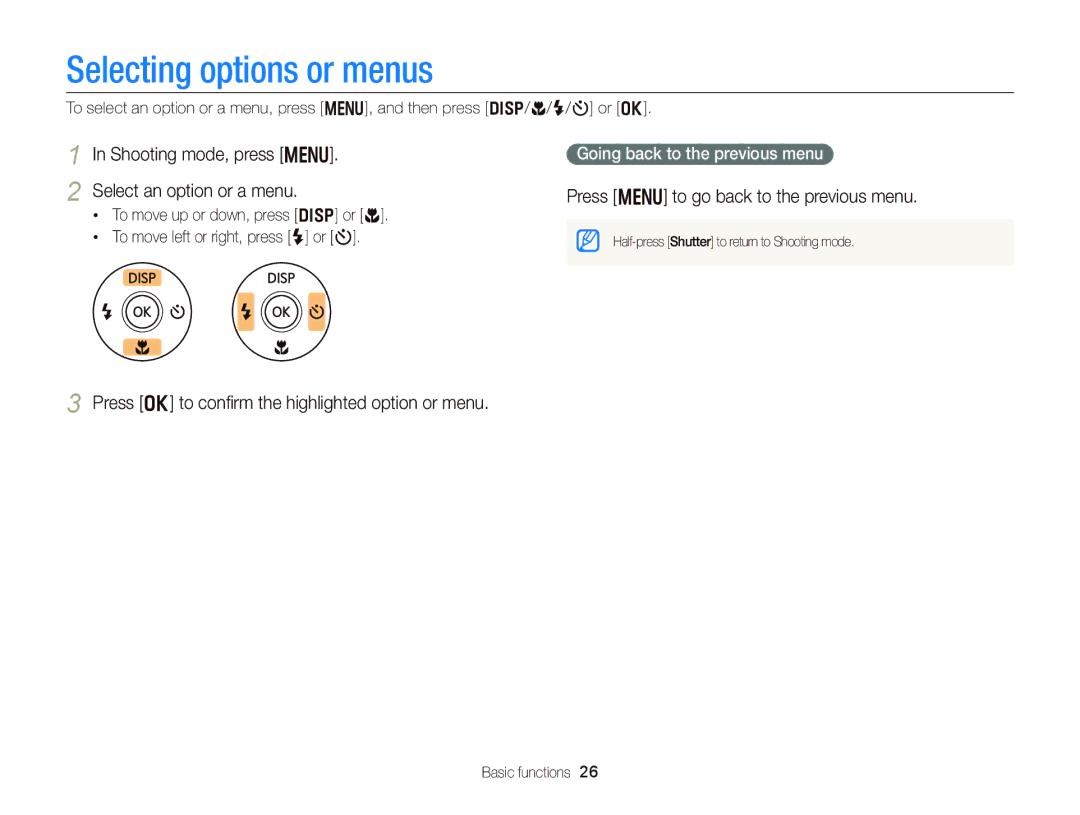 Samsung EC-DV300FBPBUS user manual Selecting options or menus, Shooting mode, press m Select an option or a menu 