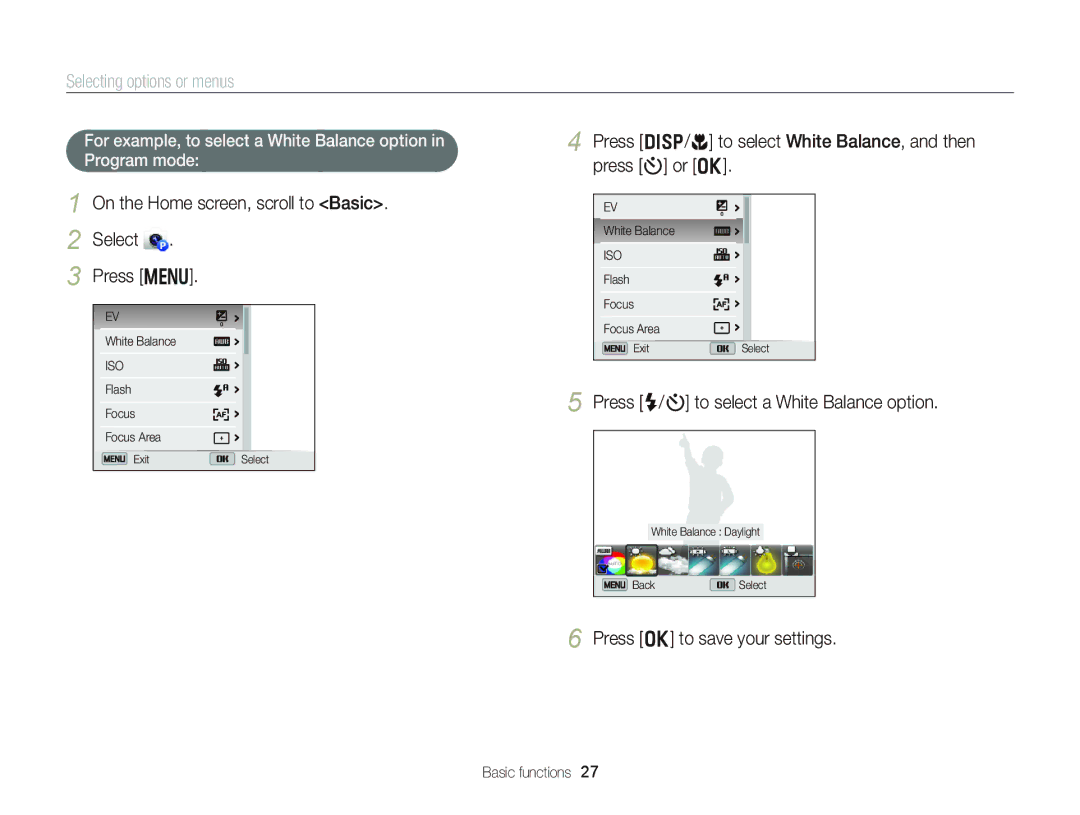 Samsung EC-DV300FBPBUS user manual Selecting options or menus, On the Home screen, scroll to Basic Select Press m 