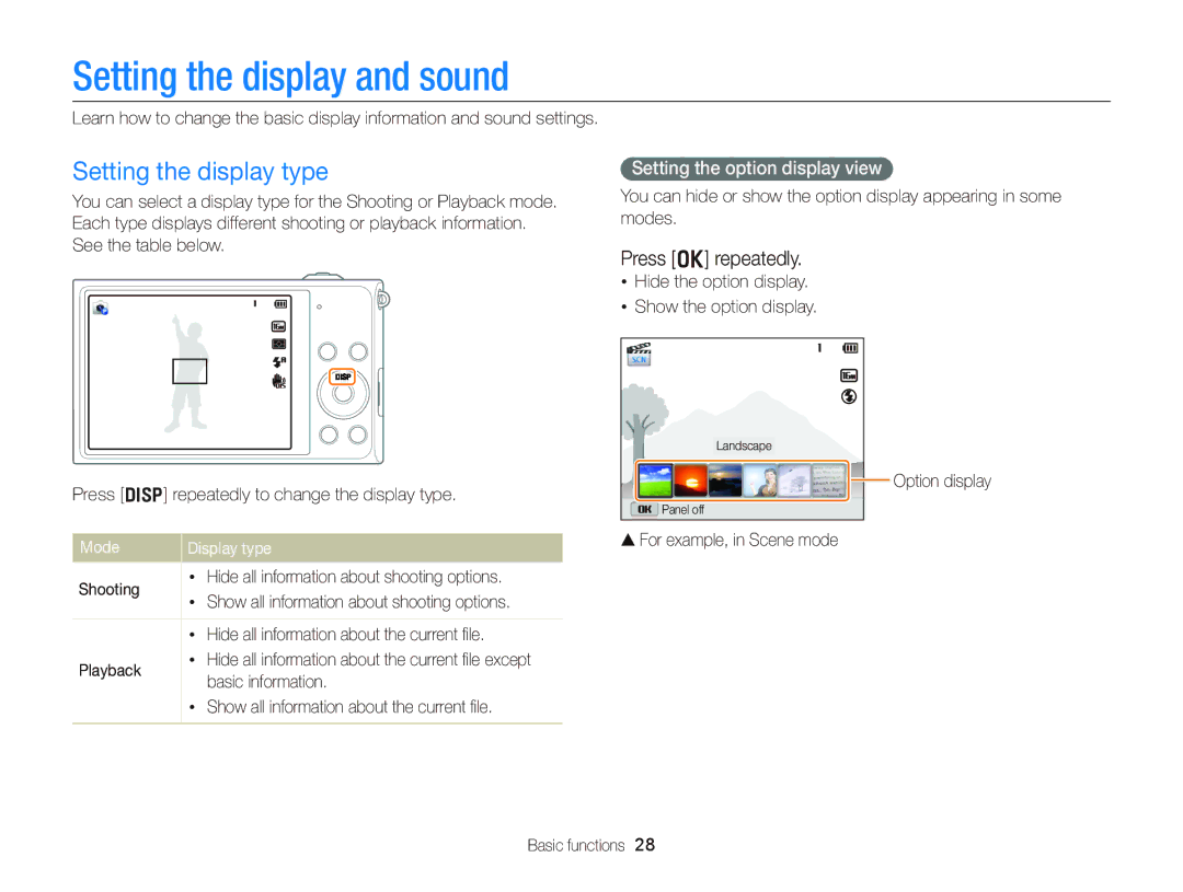 Samsung EC-DV300FBPBUS Setting the display and sound, Setting the display type, Press o repeatedly, Mode Display type 