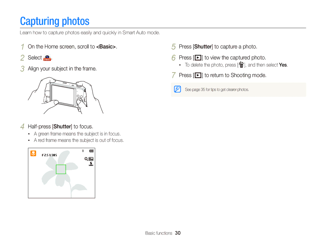 Samsung EC-DV300FBPBUS user manual Capturing photos, Press P to return to Shooting mode 