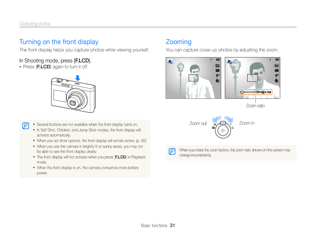 Samsung EC-DV300FBPB Turning on the front display Zooming, Capturing photos, Shooting mode, press F.LCD, Zoom out 