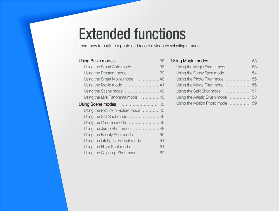 Samsung EC-DV300FBPB user manual Using Basic modes …………………………, Using Scene modes ………………………, Using Magic modes ……………………… 