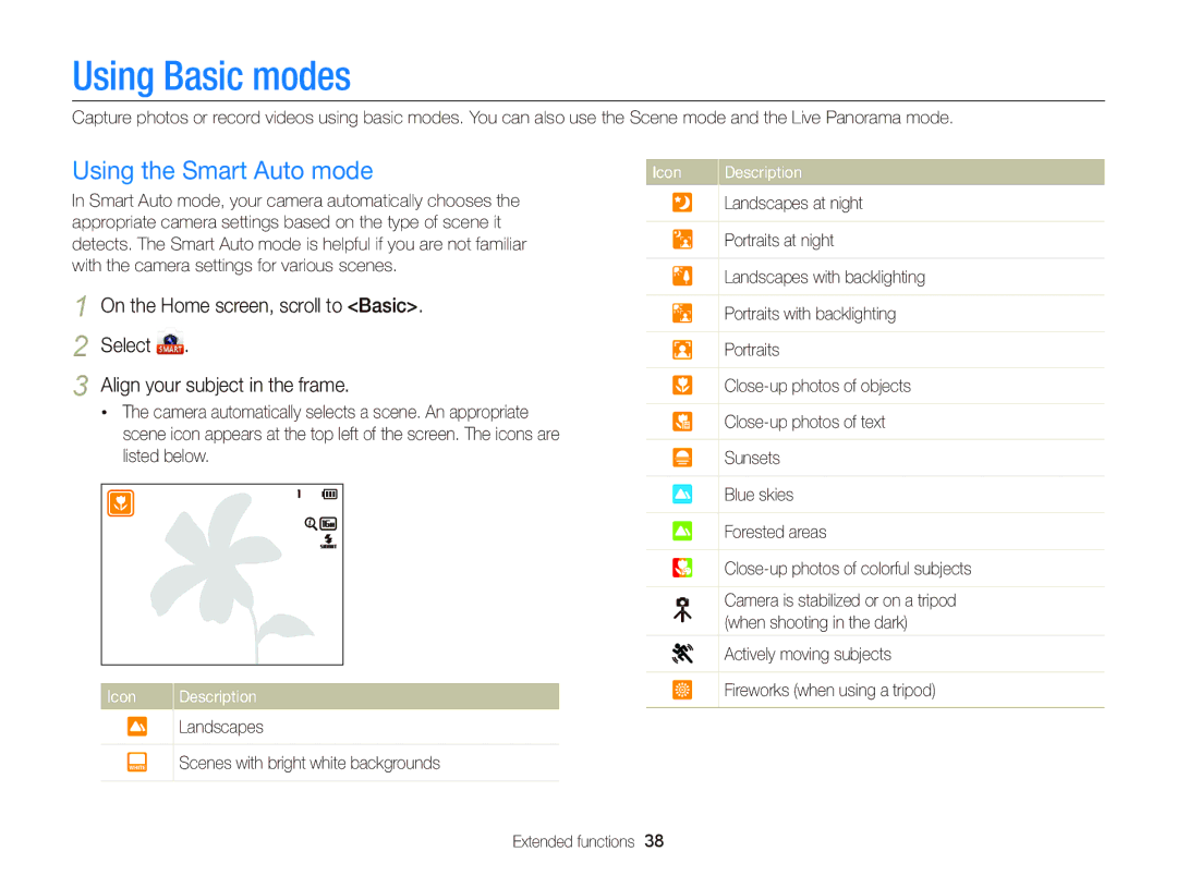 Samsung EC-DV300FBPBUS user manual Using Basic modes, Using the Smart Auto mode 