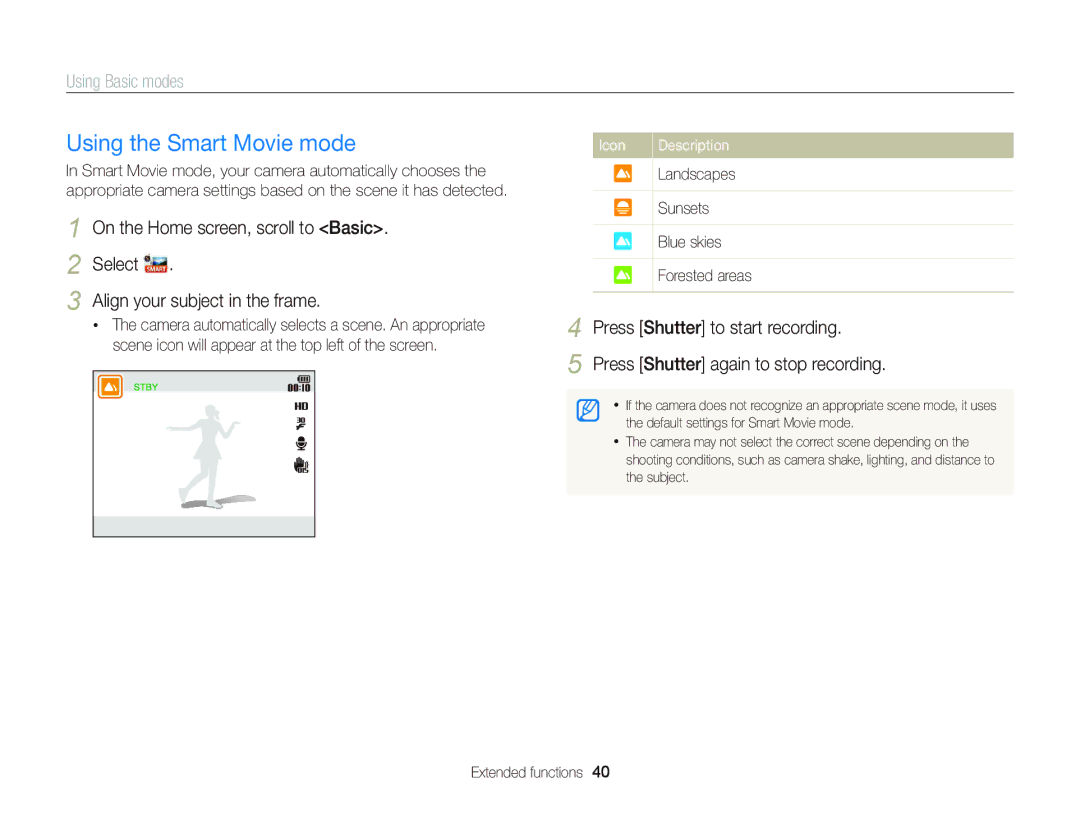 Samsung EC-DV300FBPBUS user manual Using the Smart Movie mode, Press Shutter again to stop recording 