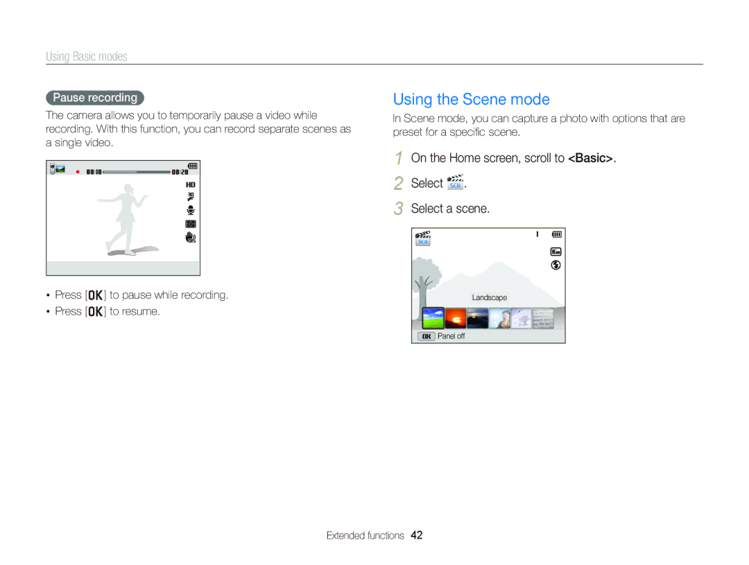 Samsung EC-DV300FBPBUS Using the Scene mode, On the Home screen, scroll to Basic Select Select a scene, Pause recording 