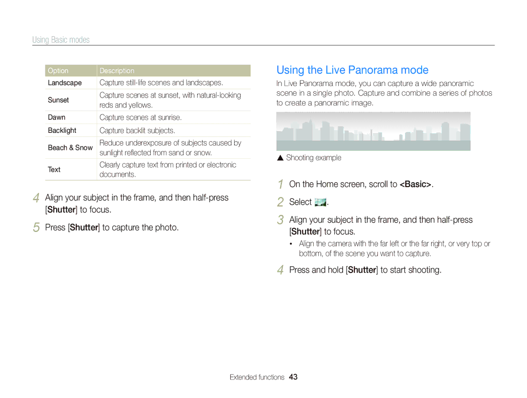 Samsung EC-DV300FBPBUS user manual Using the Live Panorama mode, Press and hold Shutter to start shooting 