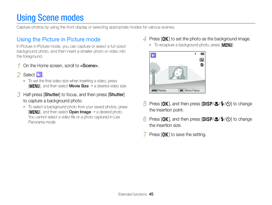 Samsung EC-DV300FBPB Using Scene modes, Using the Picture in Picture mode, On the Home screen, scroll to Scene Select 