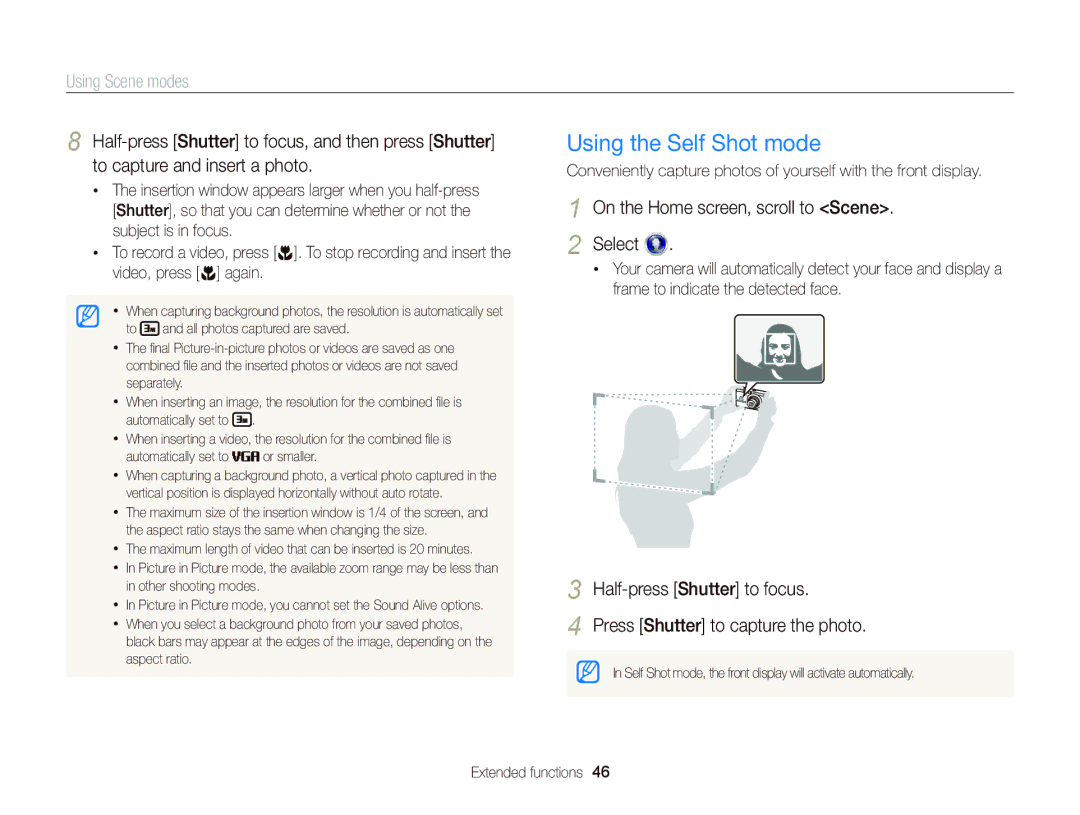 Samsung EC-DV300FBPBUS user manual Using the Self Shot mode, Using Scene modes 