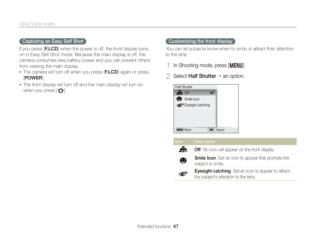 Samsung EC-DV300FBPBUS user manual Shooting mode, press m Select Half Shutter “ an option, Capturing an Easy Self Shot 