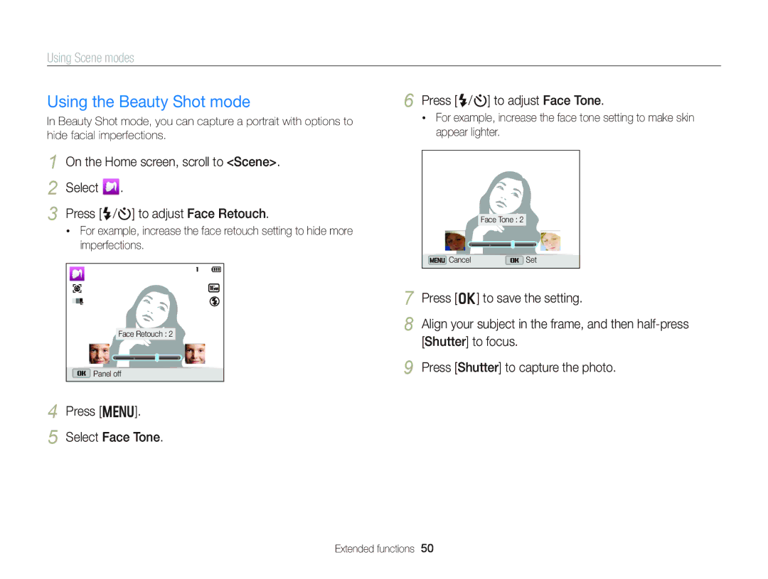 Samsung EC-DV300FBPBUS user manual Using the Beauty Shot mode, Press m Select Face Tone Press F/t to adjust Face Tone 