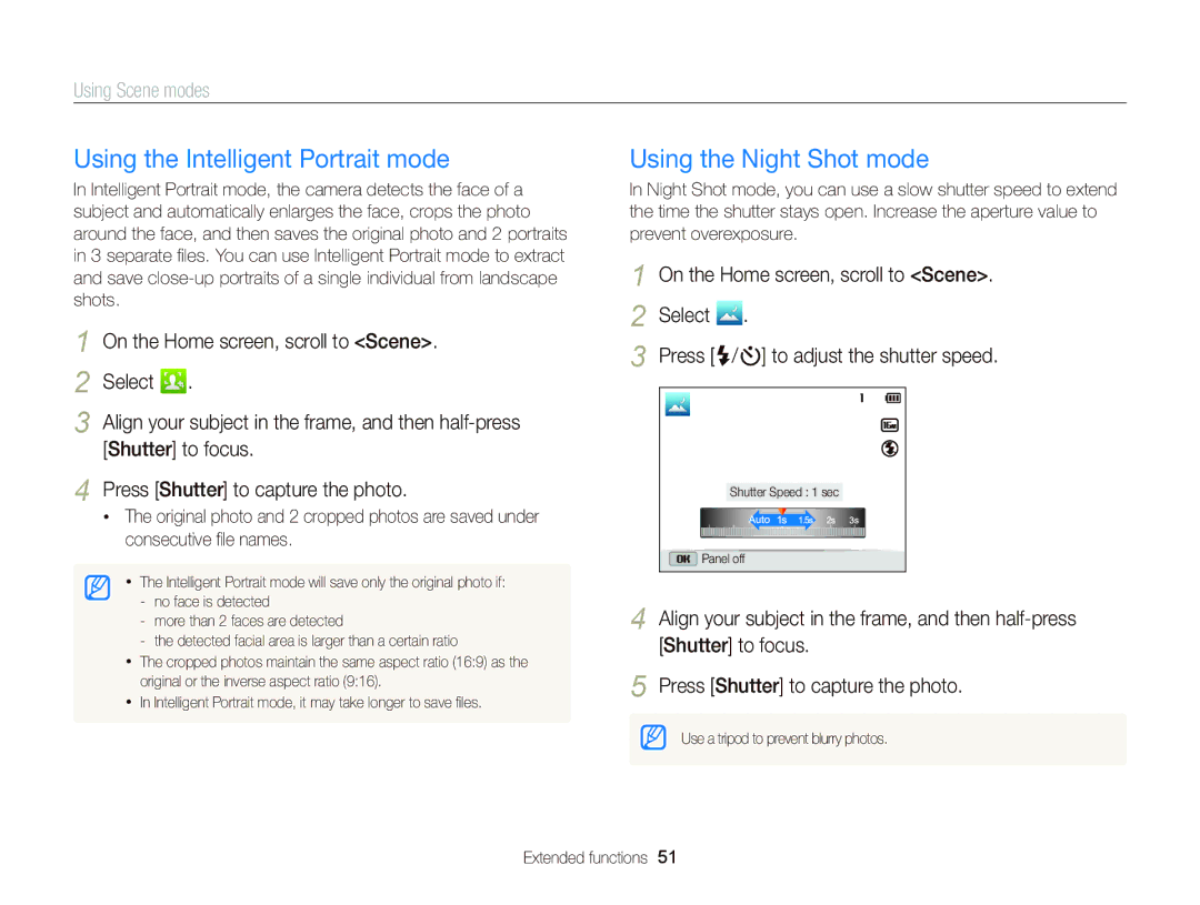 Samsung EC-DV300FBPBUS user manual Using the Intelligent Portrait mode, Using the Night Shot mode 