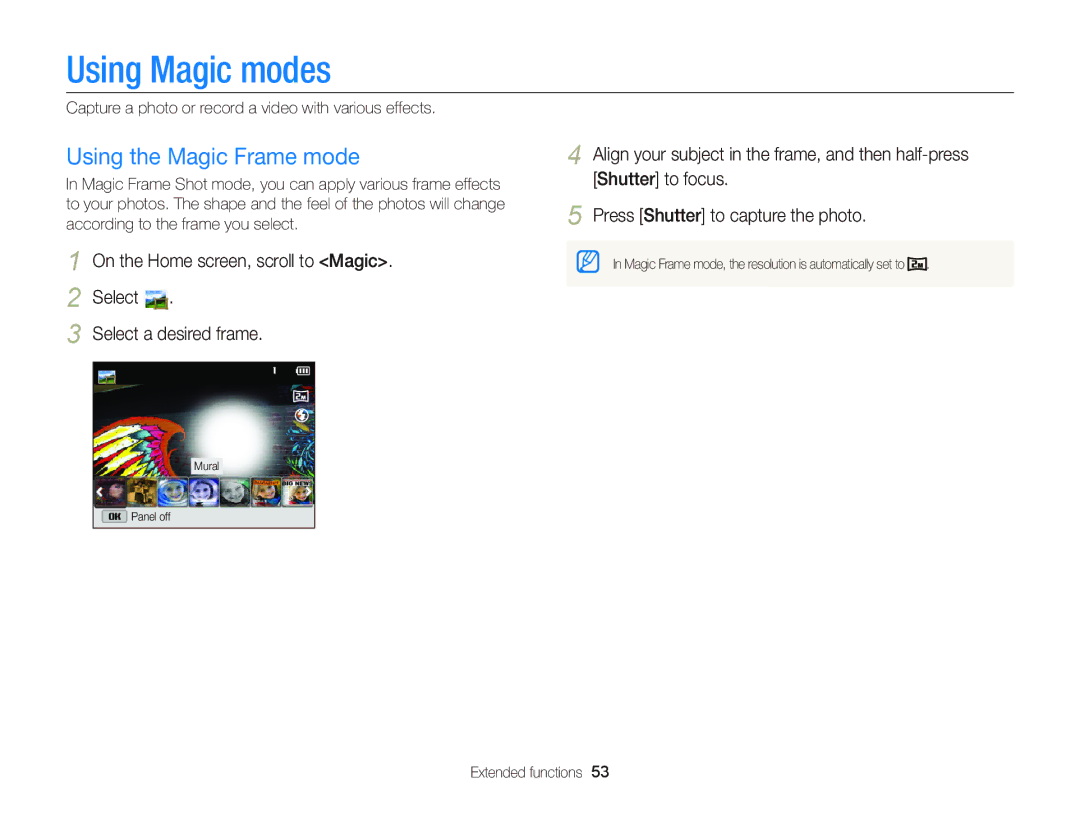 Samsung EC-DV300FBPB Using Magic modes, Using the Magic Frame mode, Capture a photo or record a video with various effects 