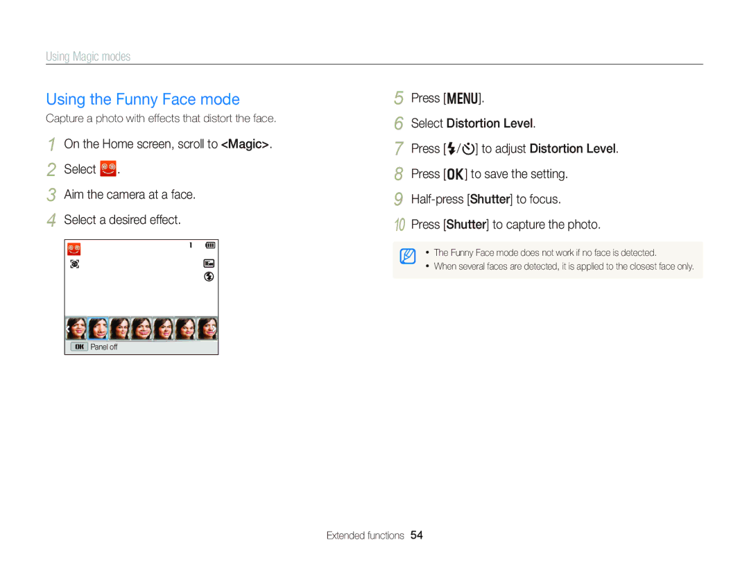 Samsung EC-DV300FBPBUS Using the Funny Face mode, Using Magic modes, Capture a photo with effects that distort the face 