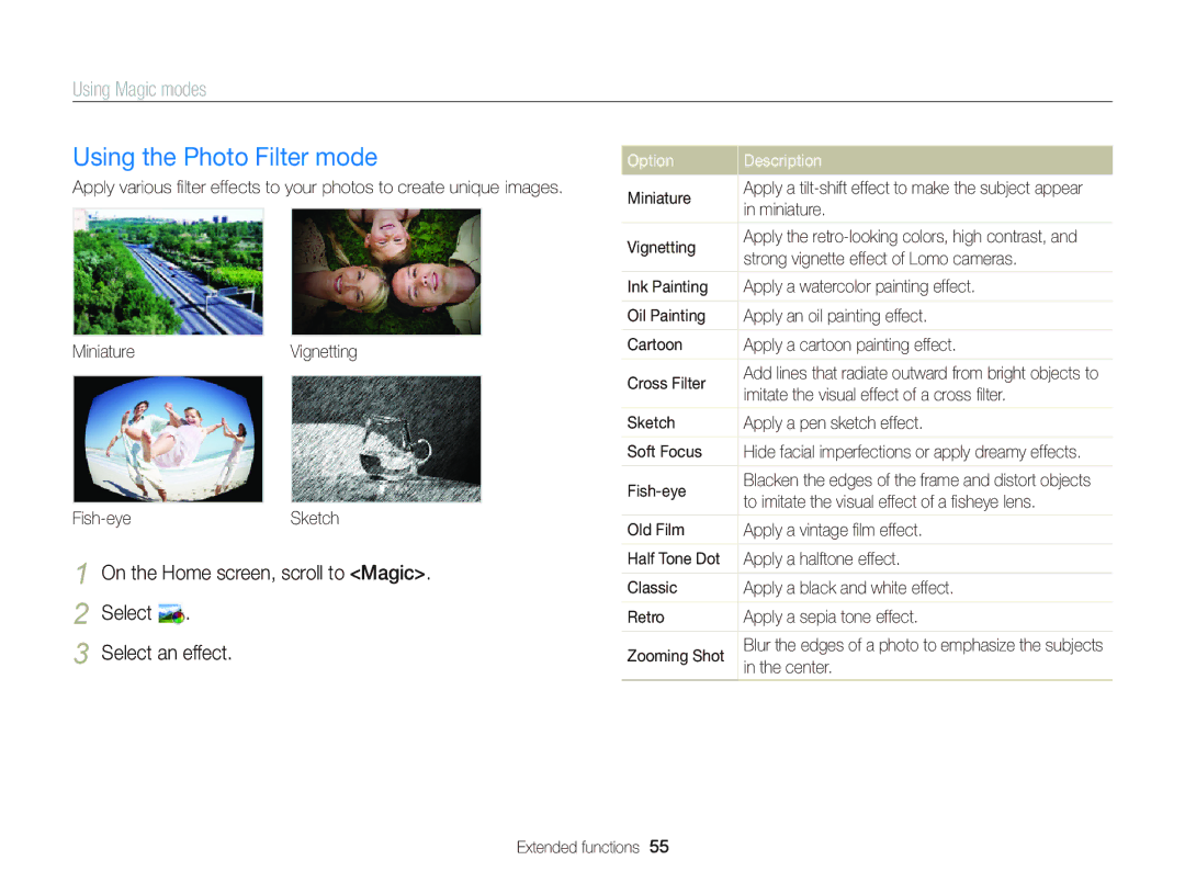 Samsung EC-DV300FBPBUS user manual Using the Photo Filter mode, Select Select an effect 